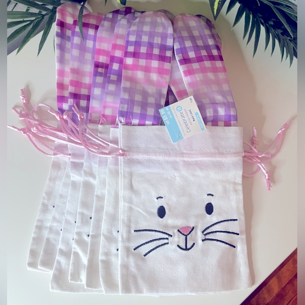 Easter Bunny Cloth Gift Bags -White,Pink &Purple Plaid Ears with Drawstring